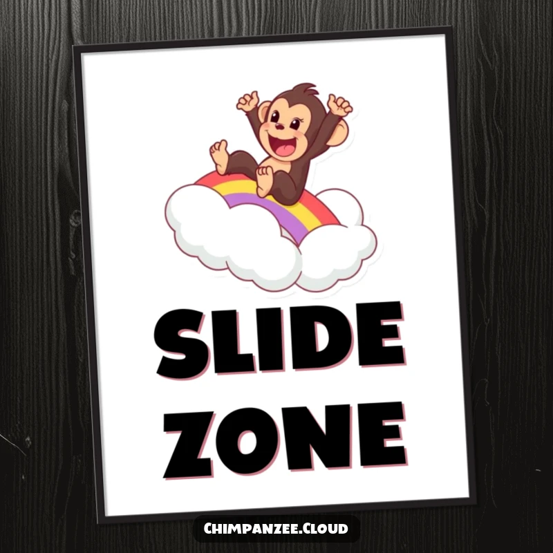 Funny digital art print of an excited chimpanzee sliding down a rainbow onto a cloud, perfect for whimsical decor.