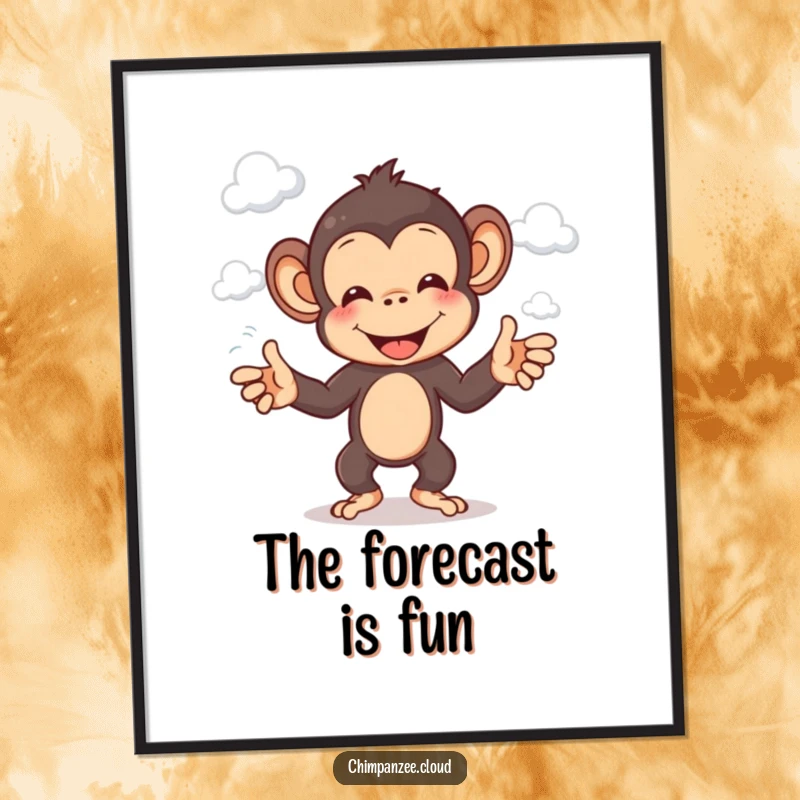 Funny chimp digital art print of a cheerful chimpanzee character juggling fluffy white clouds.
