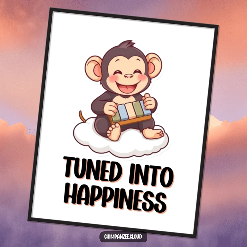 Funny chimpanzee digital art print of a chimp playing xylophone on a cloud, offering instant humorous decor and a cheerful vibe.