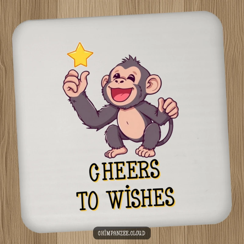 Funny chimp reaching for a twinkling star, featured on a protective drink coaster with a motivational design.