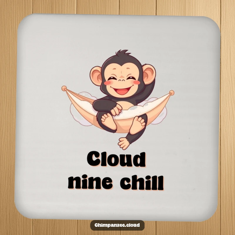 Funny chimpanzee coaster, relaxing on a cloud hammock, small serene decor, protects furniture.