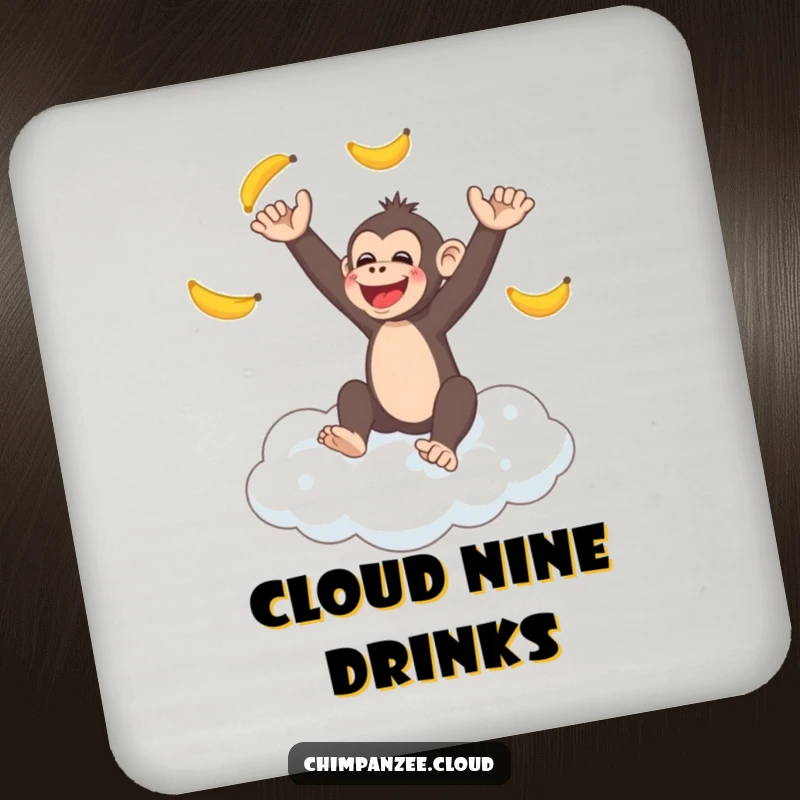 Funny chimpanzee juggling bananas on a fluffy cloud, a protective drink coaster, perfect funny gift.