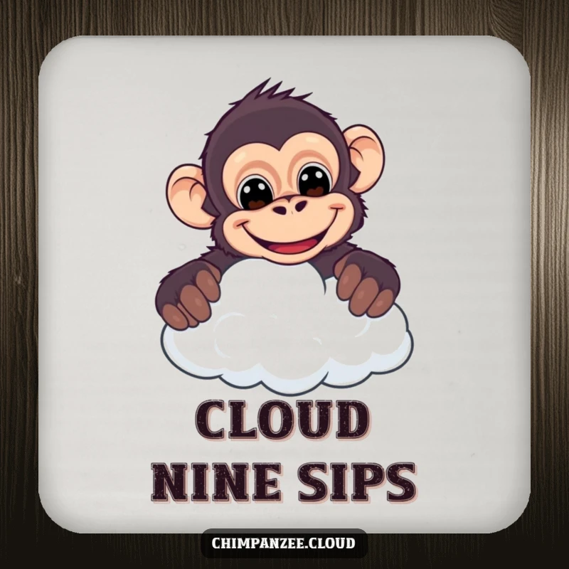 Funny chimpanzee drink coaster, cheeky character peeking over a cloud with a mischievous grin, a humorous surface protector.