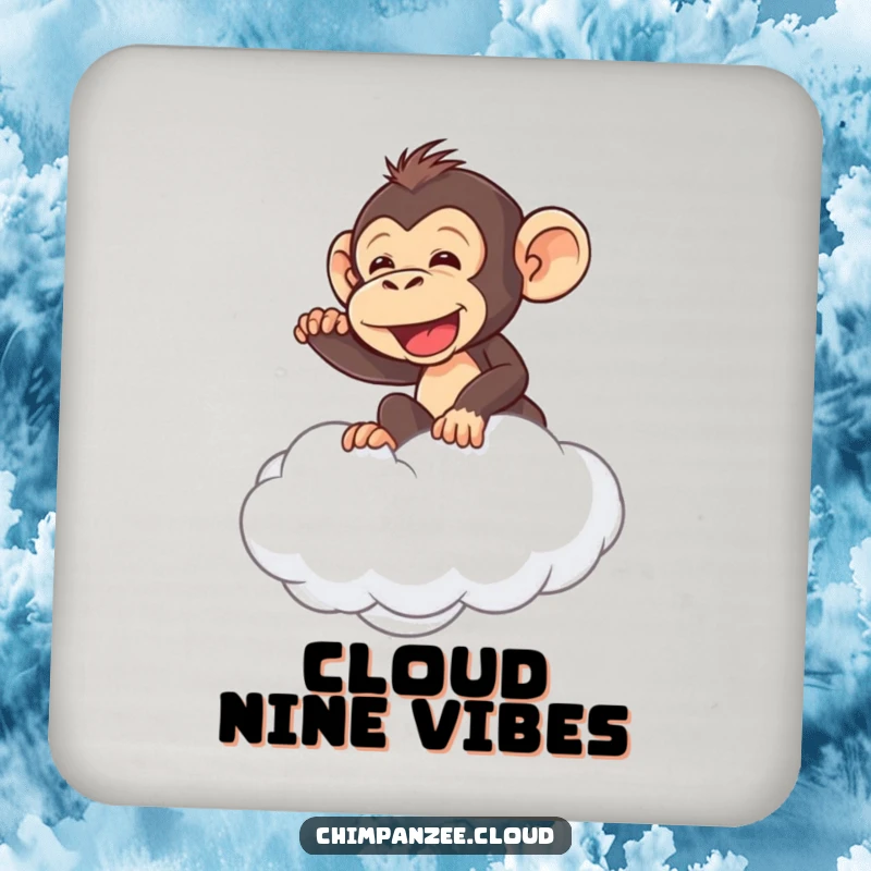 Funny chimpanzee riding a fluffy cloud, set of coasters, protecting tables with humor.