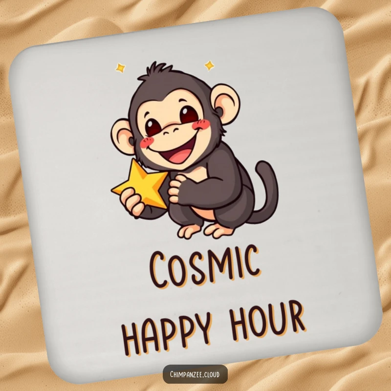 Funny drink coaster featuring a smiling chimpanzee with wide eyes, holding a star, protecting surfaces with joyful flair.