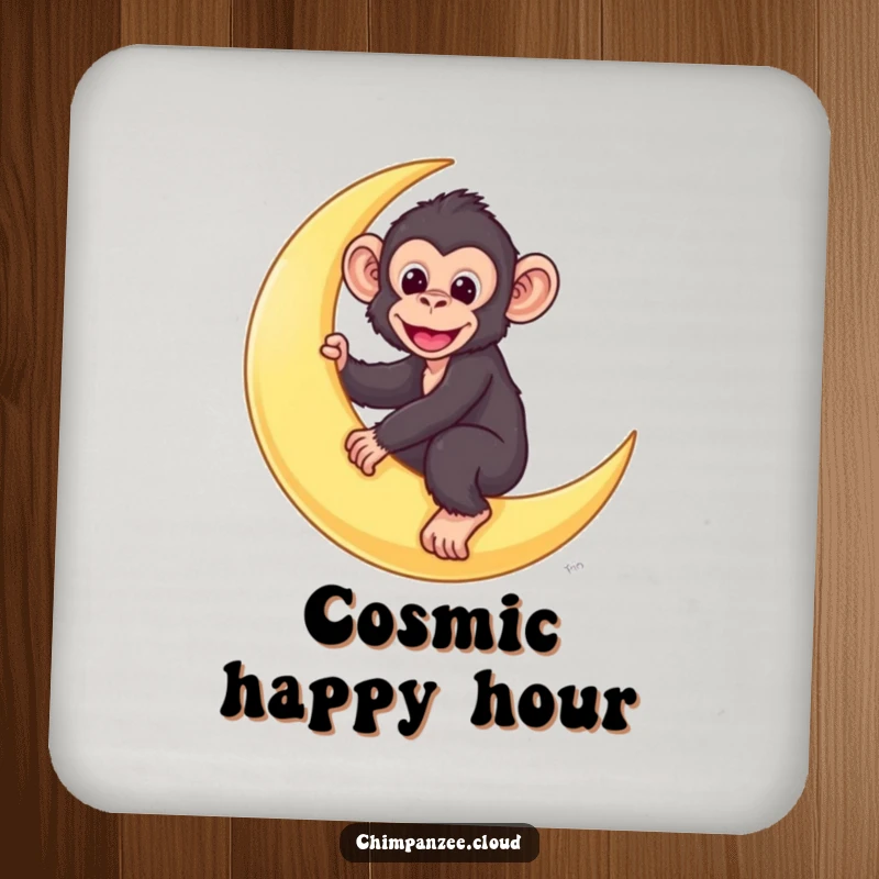 Funny chimp coaster depicting a cute chimpanzee character riding a crescent moon.