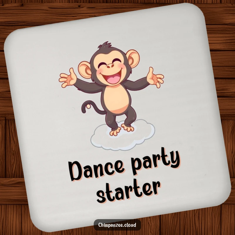 Funny chimpanzee dancing on a cloud on a drink coaster, protecting surfaces with a touch of fun.