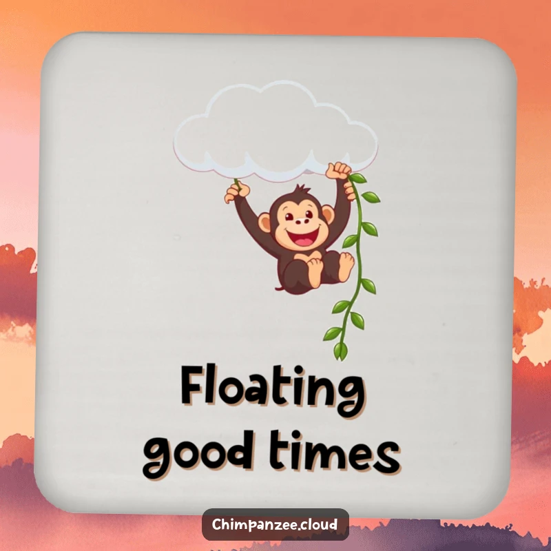 Funny chimpanzee character swinging from a cloud, featured on a coaster to protect surfaces with a dose of primate humor.