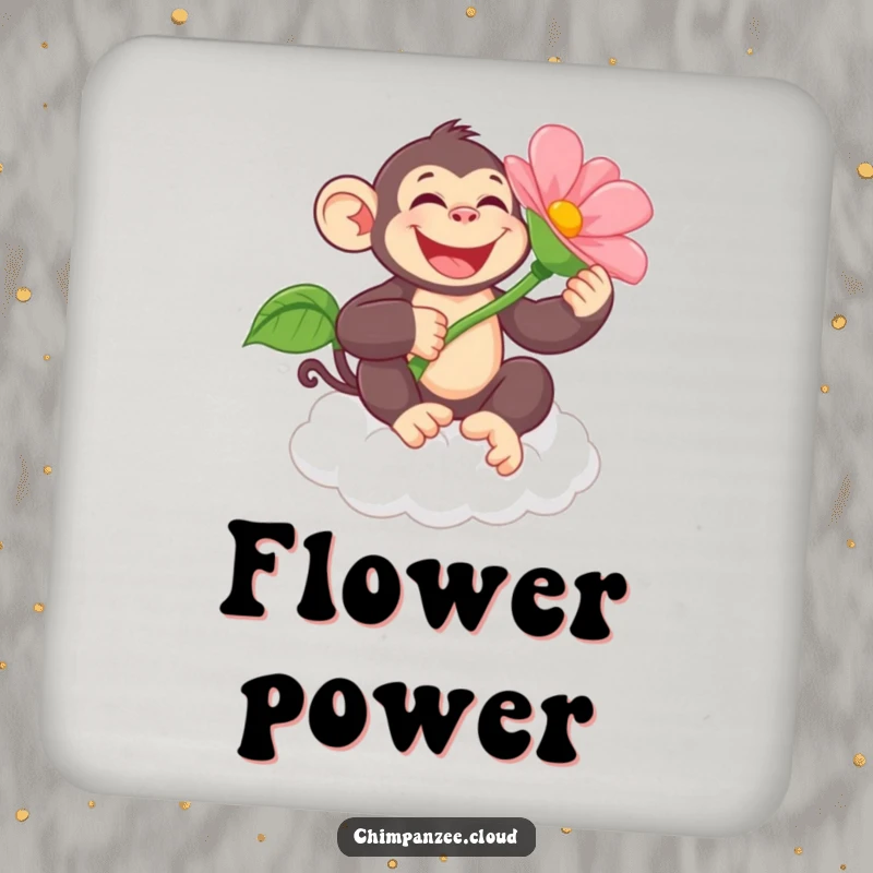 Funny chimpanzee character holding a giant flower on a cloud, designed for drink coasters to add humorous flair to any surface.