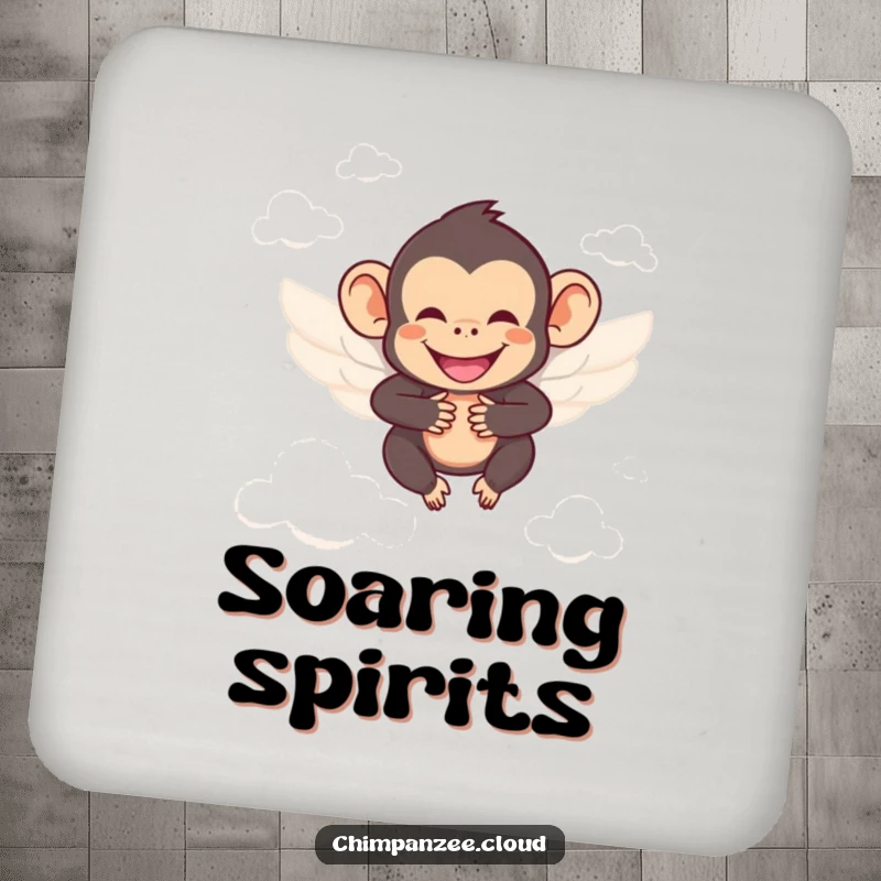 Funny chimpanzee with wings, smiling, soaring between clouds, protective drink coaster for tables.