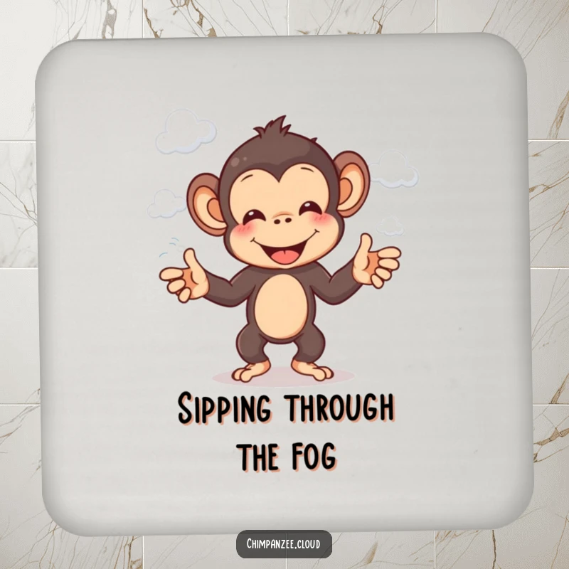 Funny chimp coaster depicting a cheerful chimpanzee character juggling fluffy white clouds.