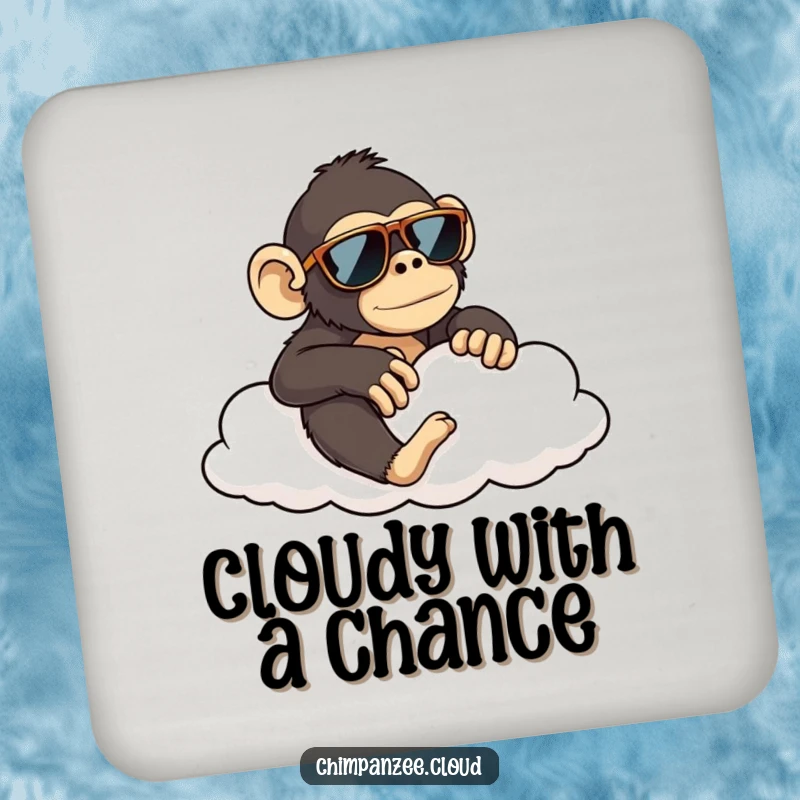 Funny chimpanzee in sunglasses lounging on a cloud, a set of humorous drink coasters for a funny gift.