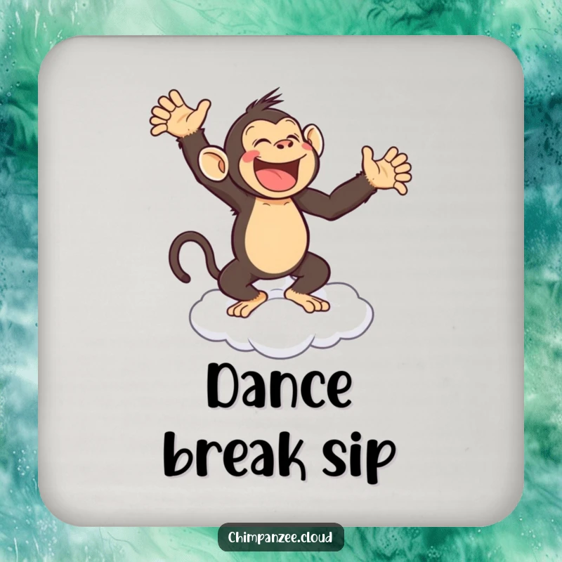 Funny drink coaster featuring a joyful chimpanzee dancing on a cloud, protecting surfaces with whimsical humor.