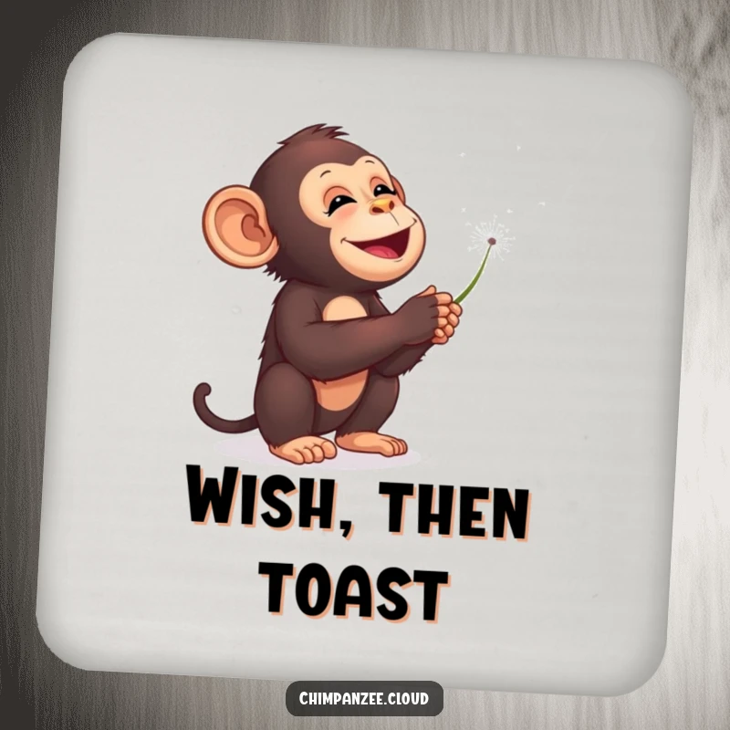 Funny chimpanzee coaster, blowing dandelion seeds into starry sky, small whimsical decor, protects furniture.