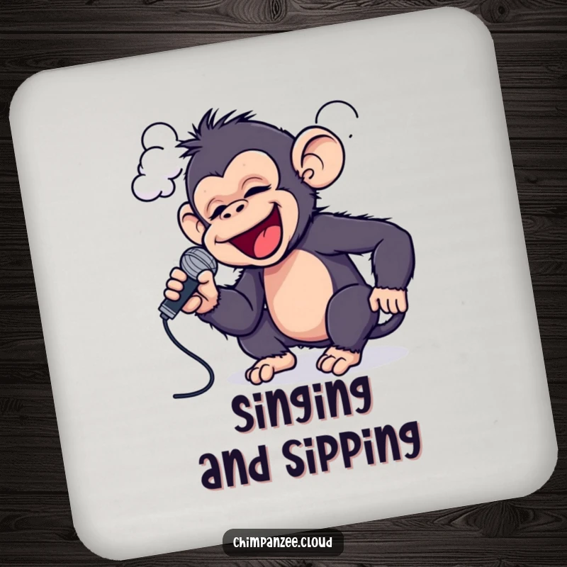 Funny Chimp Mic Coasters: A playful chimpanzee sings into a cloud with a microphone, protecting surfaces humorously.
