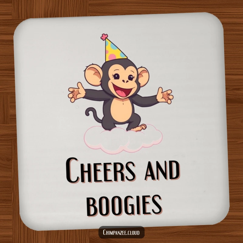 Funny Chimp Party Coasters: A cheerful chimpanzee dances on a cloud, protecting surfaces humorously.