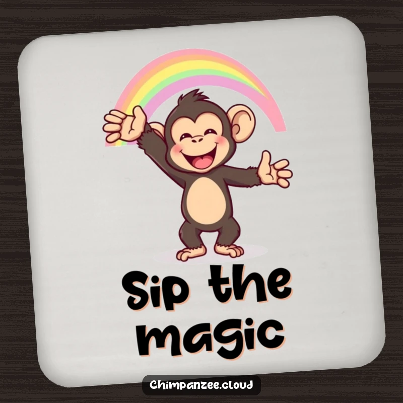 Funny chimpanzee reaching for a rainbow arc, set of coasters, adding cheer.