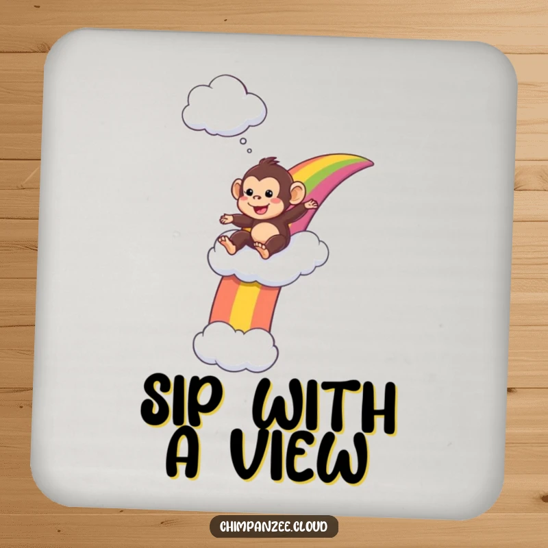 Funny Coaster: Playful chimpanzee slides down a rainbow, adding a touch of whimsical adventure.