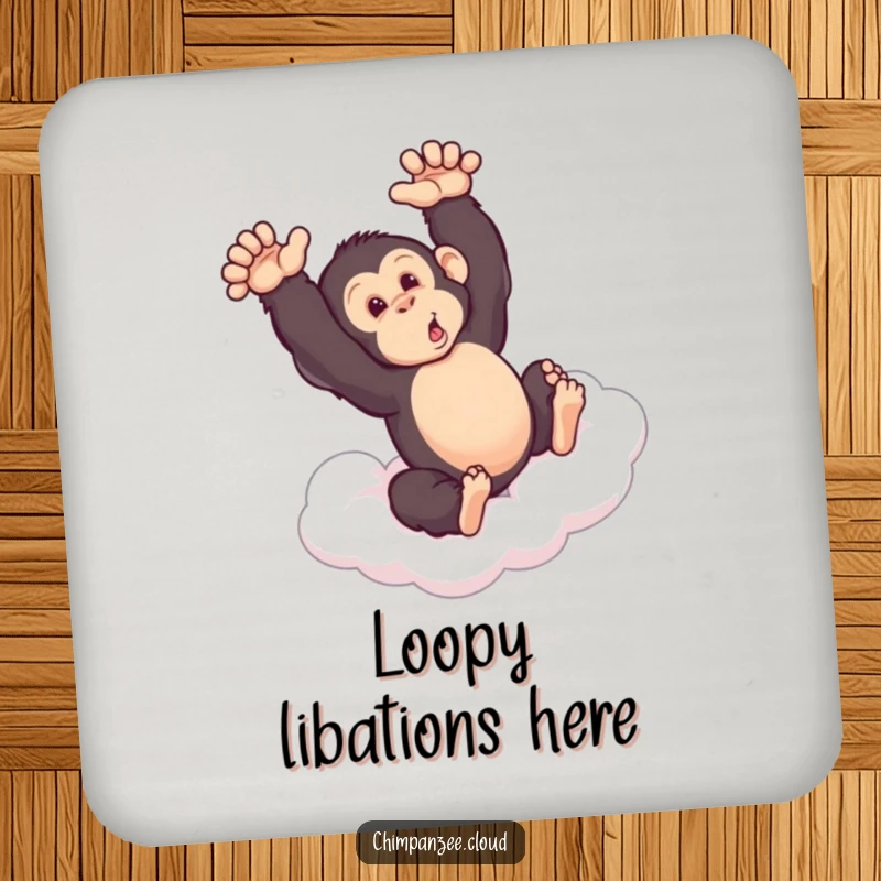 Funny chimpanzee mid-somersault on a cloud, on a drink coaster, adding a playful and humorous element to surfaces.