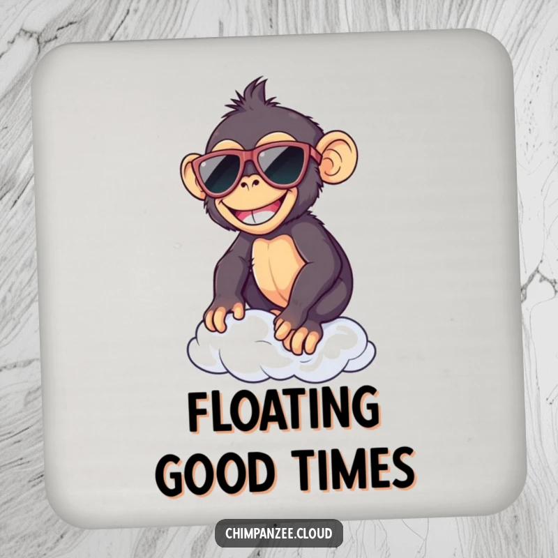 Funny chimp in sunglasses, perched on a cloud, featured on a protective drink coaster with a humorous design.