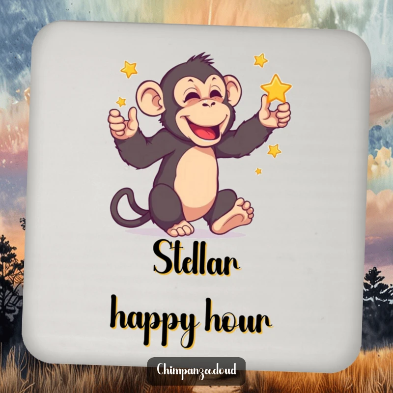 Funny chimpanzee juggling miniature stars, featured on a coaster to add a humorous and protective touch to your tables.