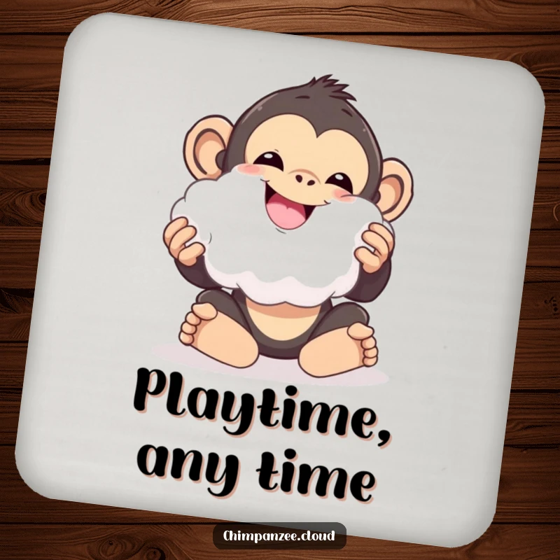 Funny chimpanzee playing with a cloud ball, delighted, protective drink coaster for tables.