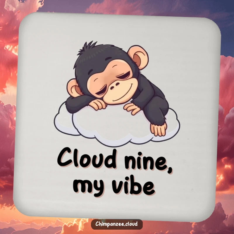 Funny chimpanzee napping on a cloud on a drink coaster, protecting surfaces with a touch of humor.
