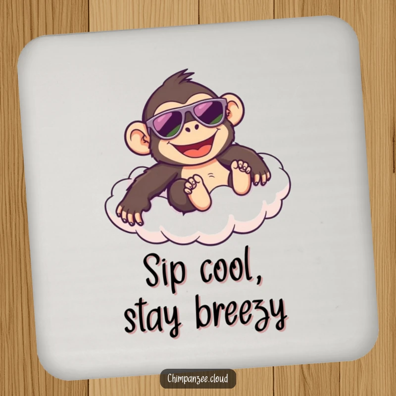Funny drink coaster featuring a happy chimpanzee in sunglasses sliding down a cloud, protecting surfaces with a cool, humorous design.