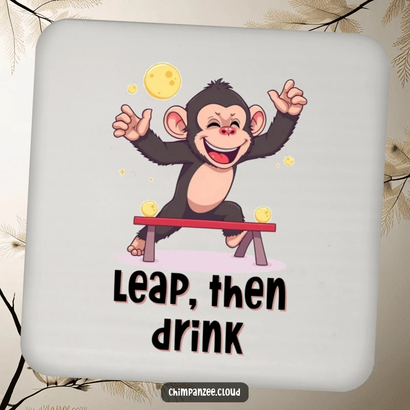 Funny chimpanzee coaster, playing leapfrog with moons, small whimsical decor, protects surfaces.