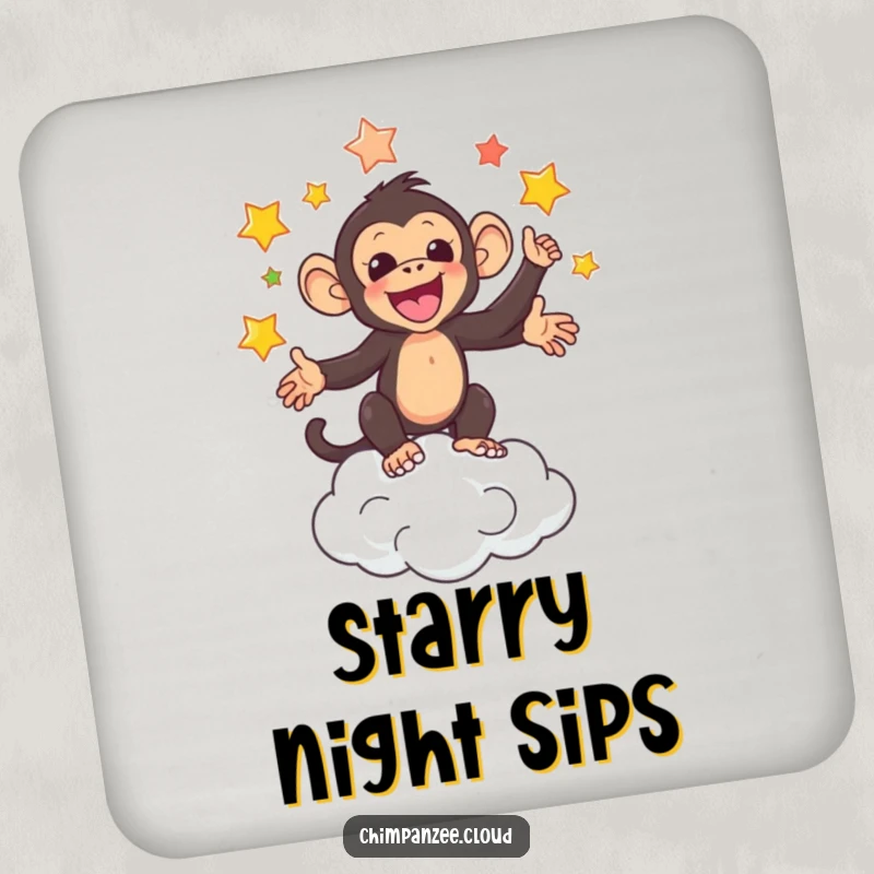 Funny drink coaster featuring an adorable chimpanzee juggling colorful stars above a cloud.