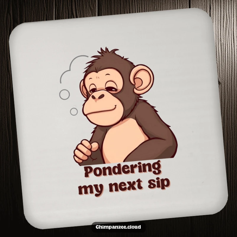 Funny chimpanzee looking thoughtfully at a cloud on a drink coaster, protecting surfaces with a touch of intellect.