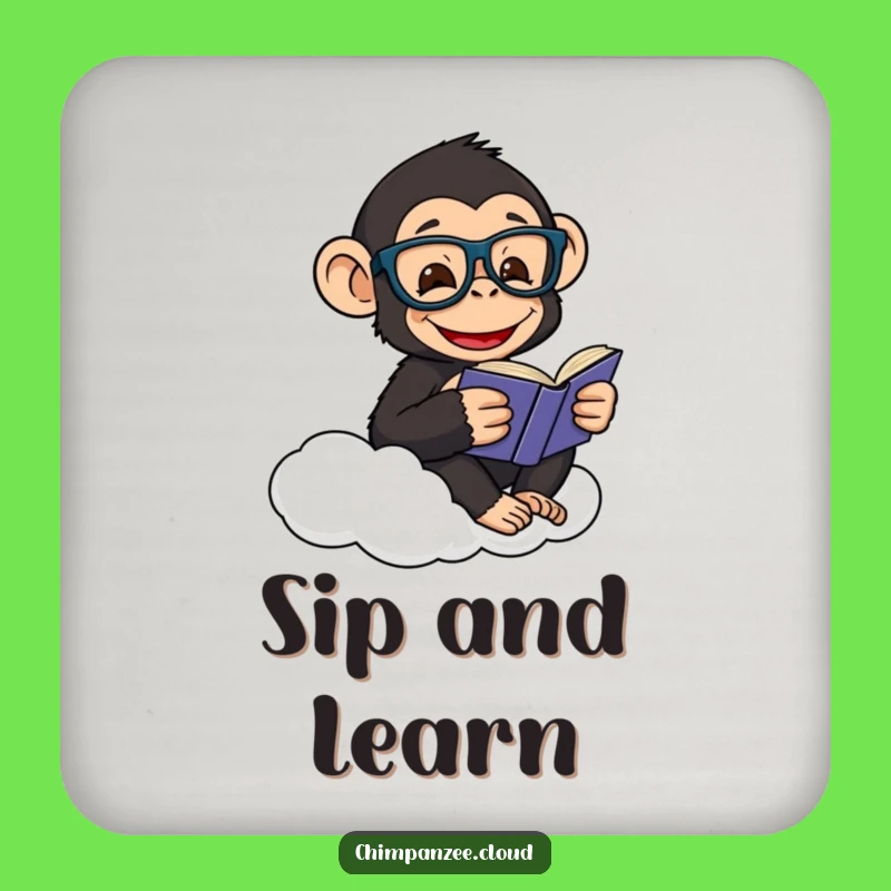 Funny Scholar Chimp Coaster: Happy Chimpanzee Reads on a Cloud