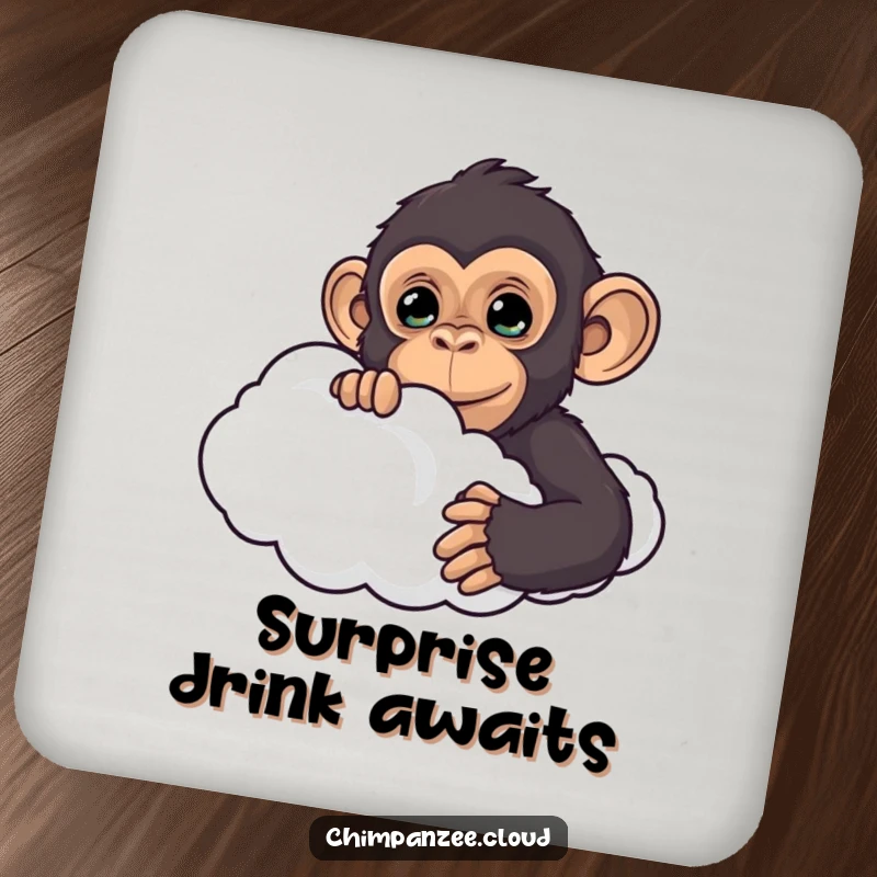 Funny chimpanzee peeking from behind a cloud, on a drink coaster, adding a whimsical and humorous element to surfaces.
