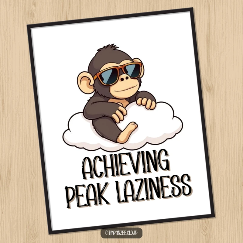 Funny chimpanzee wearing sunglasses lounging on a cloud, a humorous poster print for a funny gift.