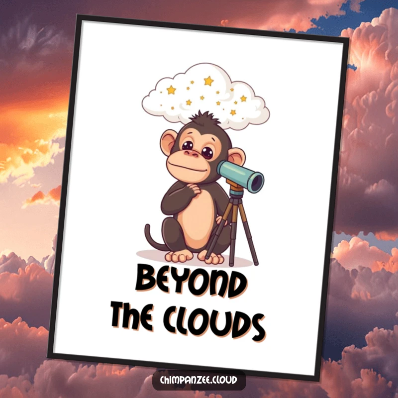 Funny Chimp Poster: Artistic depiction of a curious chimpanzee with a telescope, observing stars from a cloud, evoking wonder, a funny gift.