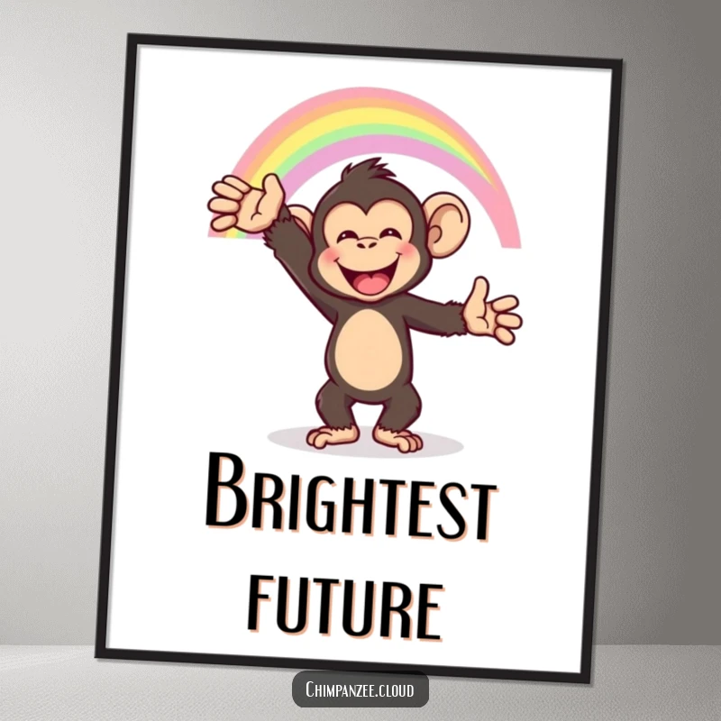 Funny chimpanzee reaching for a rainbow arc, whimsical wall art, perfect for a funny poster.
