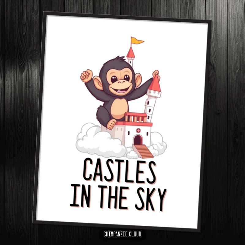 Funny poster art of a mischievous chimpanzee diligently building a castle structure using soft, white clouds.