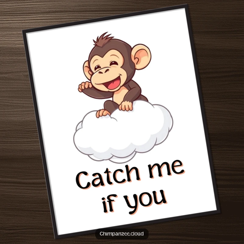 Funny chimpanzee attempting to ride a fluffy cloud, whimsical wall art, perfect for a funny poster.