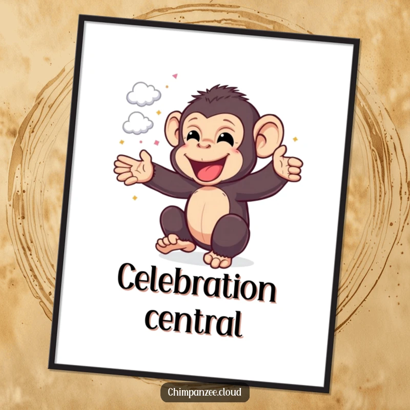 Funny Chimp Poster: Dynamic artwork of a happy chimpanzee cheering, surrounded by cloud confetti, radiating pure delight, a funny gift.