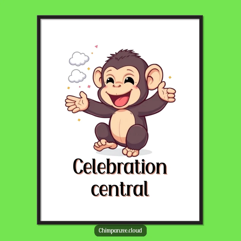 Funny Chimp Celebration Poster: Joyful Chimpanzee with Cloud Confetti, Wall Art Funny Gift!