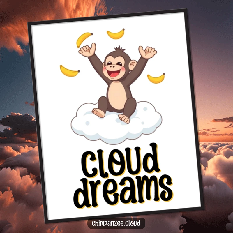 Funny chimpanzee juggling bananas on a fluffy cloud, a delightful poster, perfect funny gift for whimsical spaces.