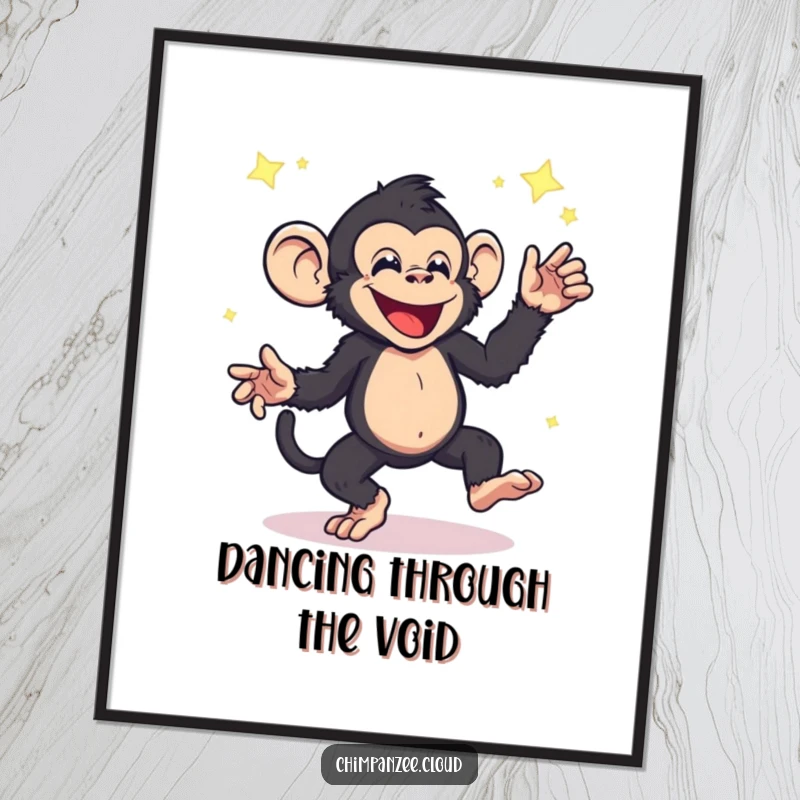 Funny energetic chimpanzee poster, character dancing with captivating floating star dust, creating a vibrant and humorous wall display.