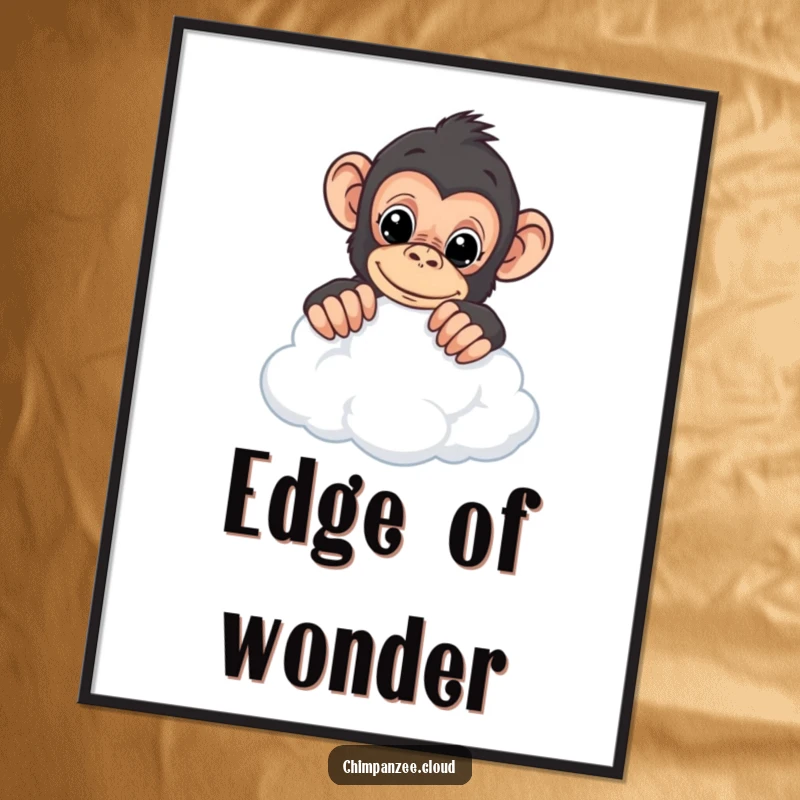 Funny chimpanzee art poster of a curious chimp peering over the edge of a cloud, adding whimsical decor.