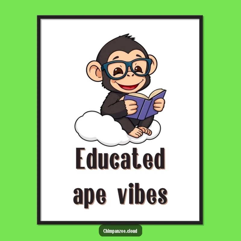 Funny Scholar Chimp Poster: Happy Chimpanzee Reads on a Cloud