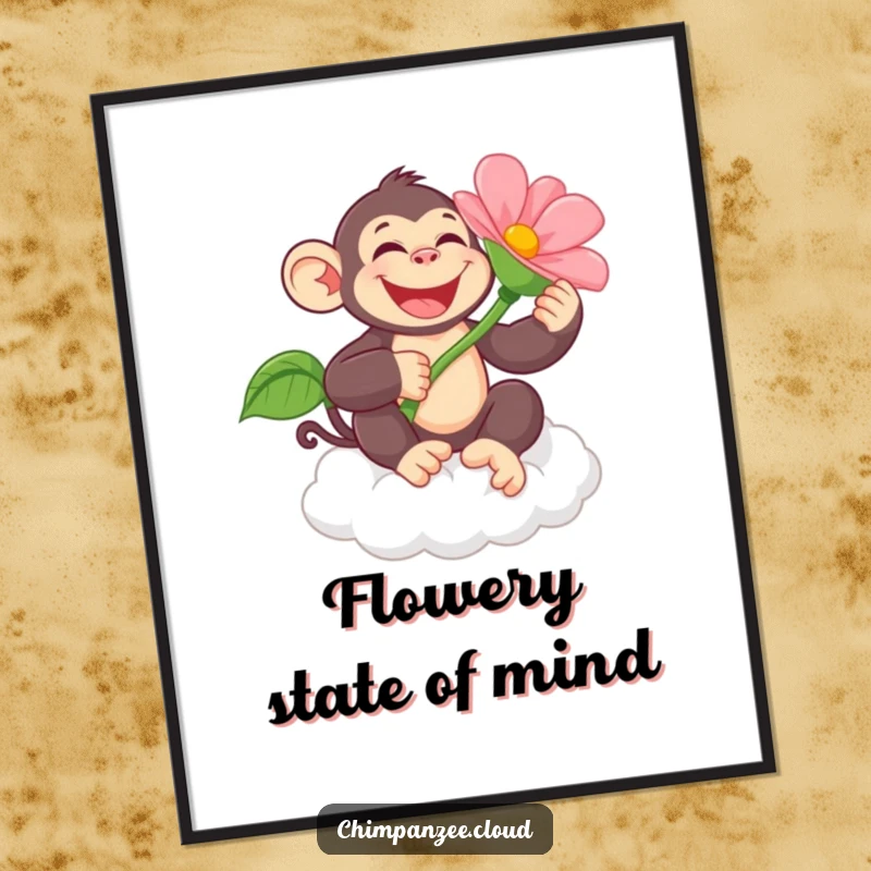 Funny chimpanzee character holding a large flower on a cloud, presented as vibrant wall art to bring humor and joy to any room.