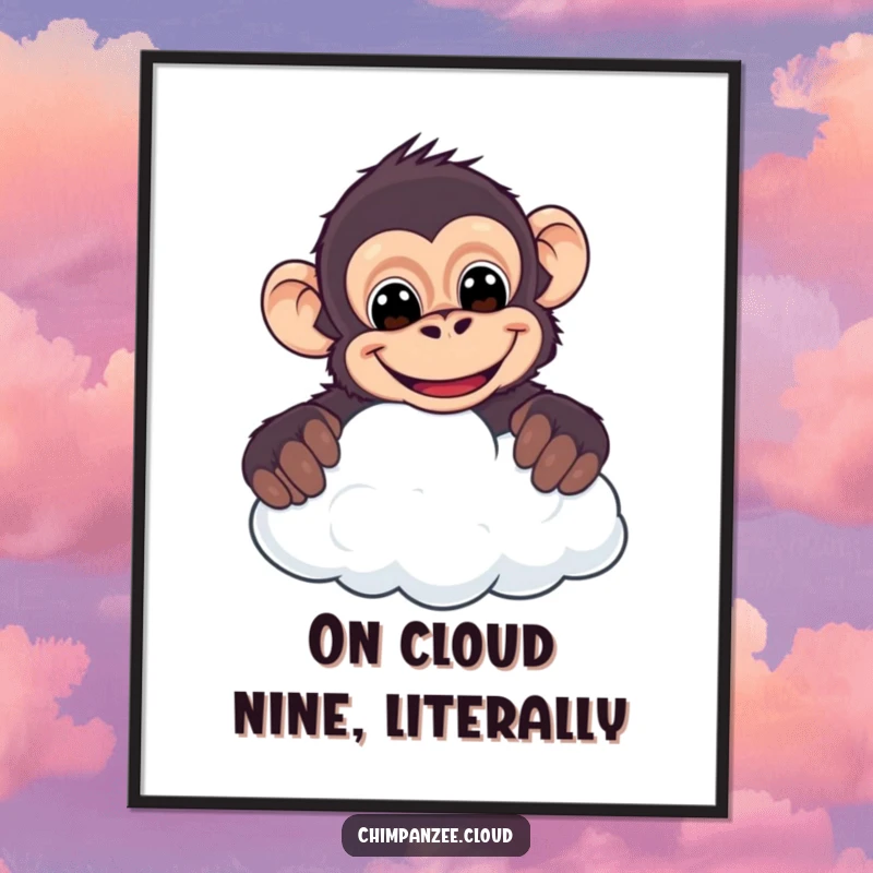 Funny chimpanzee poster, cheeky character peeking over a cloud with a broad, playful grin, creating humorous wall art.