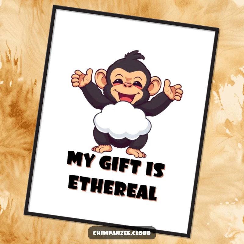 Funny delighted chimpanzee offering a cloud puff, a cheerful humorous poster print for a funny gift.