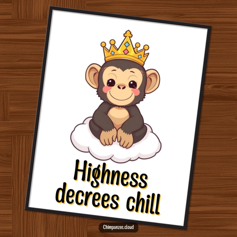 Funny poster of a cute chimpanzee wearing a tiny crown, seated on a fluffy cloud throne, exuding royal charm.