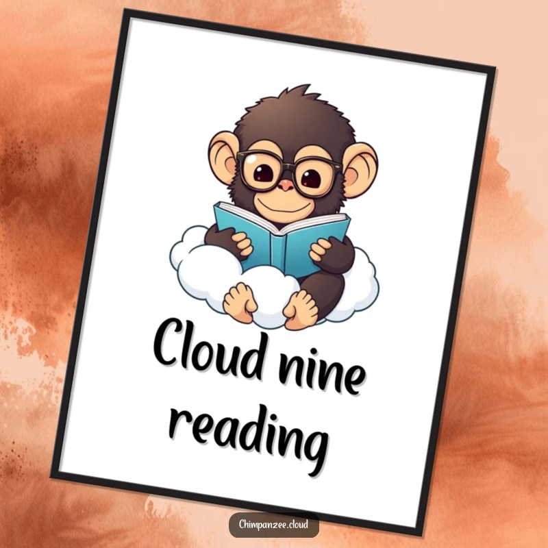 Funny Chimp Reading Poster: A fluffy chimpanzee in glasses reads a book while floating on a cloud, a humorous and artistic display.