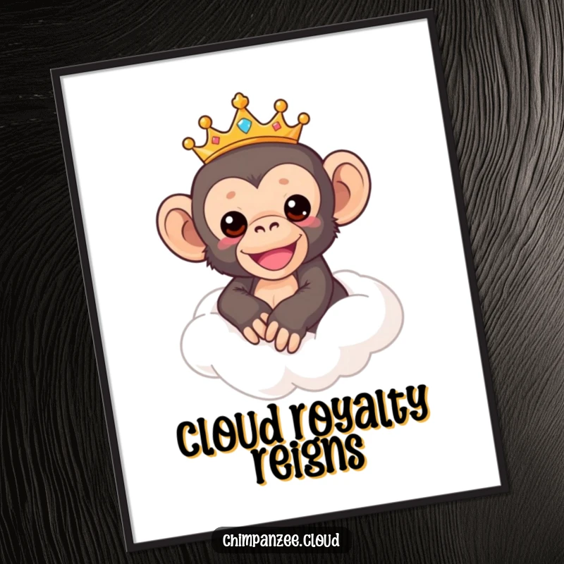 Funny Chimp Poster: Charming crowned chimpanzee riding a fluffy cloud, whimsical wall art conveying joy, perfect funny gift.